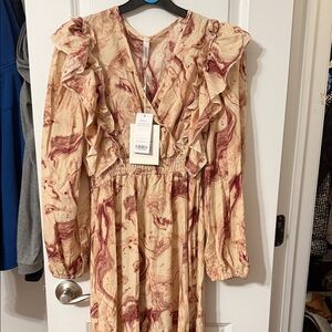 Moonsea Cream and Burgundy Marble Ruffle Wrap Maxi Dress